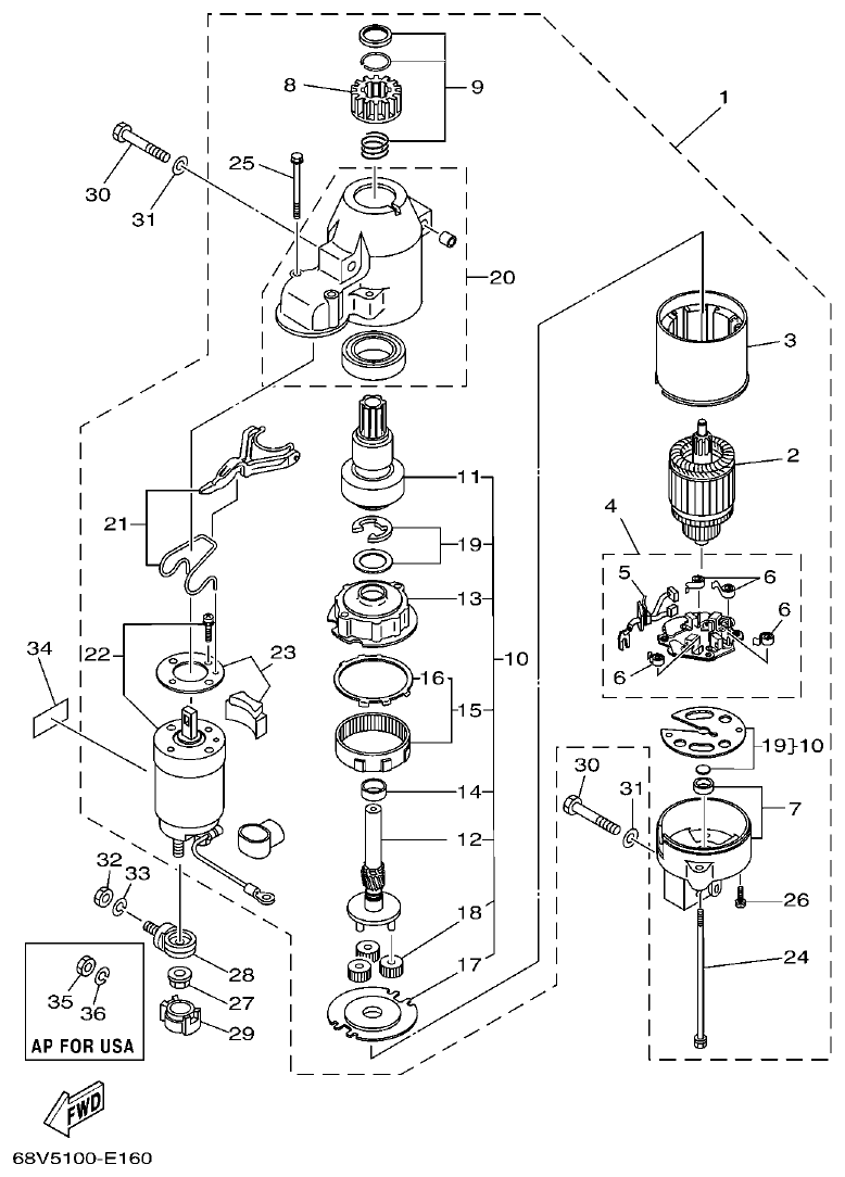 Yamaha F115TR, LF115TR, F115AET, FL115AET STARTING MOTOR parts diagram